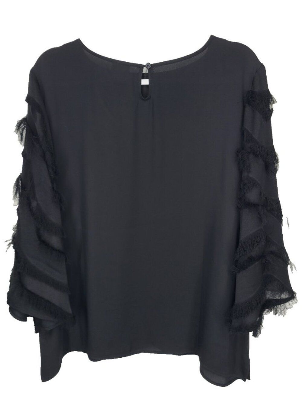 Chicos Fringe Bell Sleeve Top Size 3 (XL) Boat Neck Chiffon Black Blouse - Picture 4 of 5